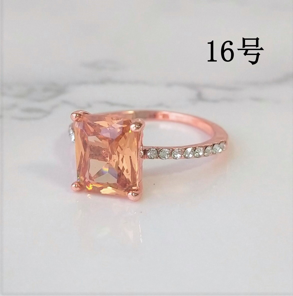 スクエアリング ピンクゴールド 16号 ジルコニア 普段使い 指輪 大粒 スクエア リング パパラチアサファイアカラー拍卖