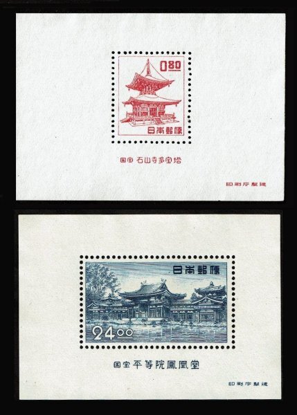 P302■【糊落ち】第1次動植物国宝切手 小型シート2種((石山寺、平等院)■未使用・良好拍卖