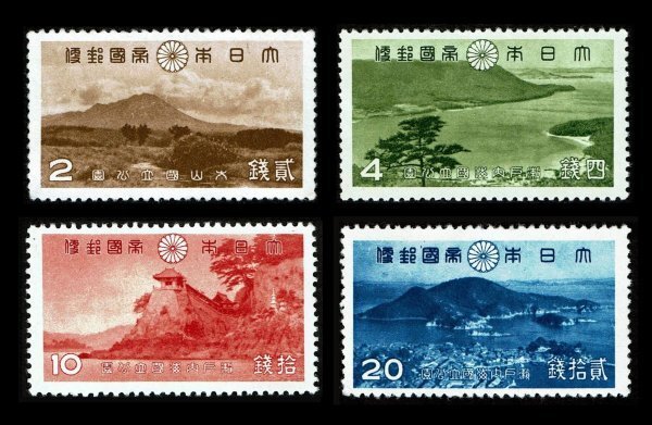 P303■ 【糊落ち】1939年 第1次国立公園切手 大山・瀬戸内海 4種完■未使用・美品拍卖