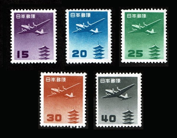 P280■【糊落ち】1952年 航空切手 五重塔航空(円位) 5種完■未使用・良好拍卖