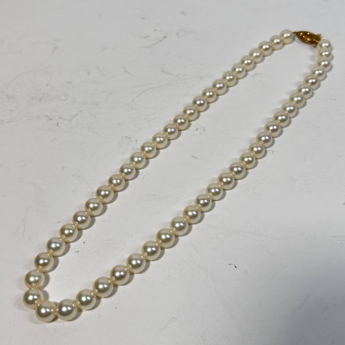 K18 刻印有り 18金金具使用 本パール 8mm玉 53個使用 37cm ネックレス 使用少な目 金具 パール共に 状態なかなか良好拍卖