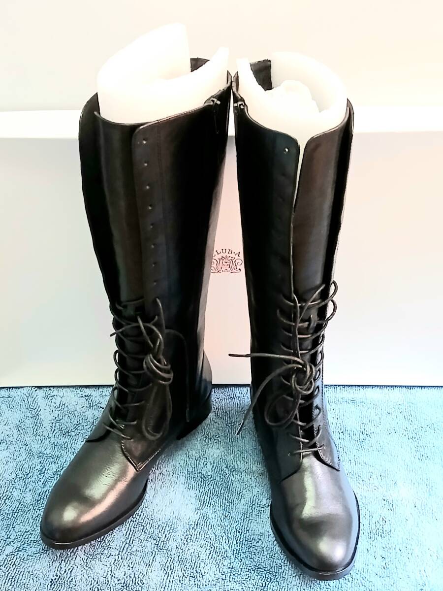 n079 未使用 cavacava/サヴァサヴァ 本革 ロングブーツ 23cm (ヒール:約3cm) ブラック レザー 編み上げブーツ拍卖