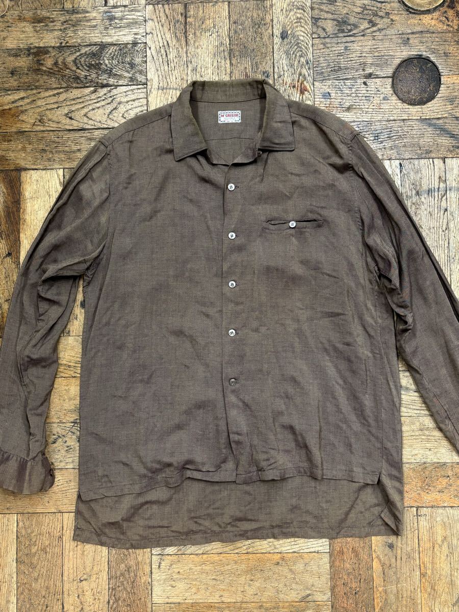 60s USA製 McGREGOR レーヨンシャツ 長袖 オープンカラーシャツ ブラウン Lサイズ マクレガー 開襟 シャツ VINTAGE ビンテージ 16 カスリ拍卖