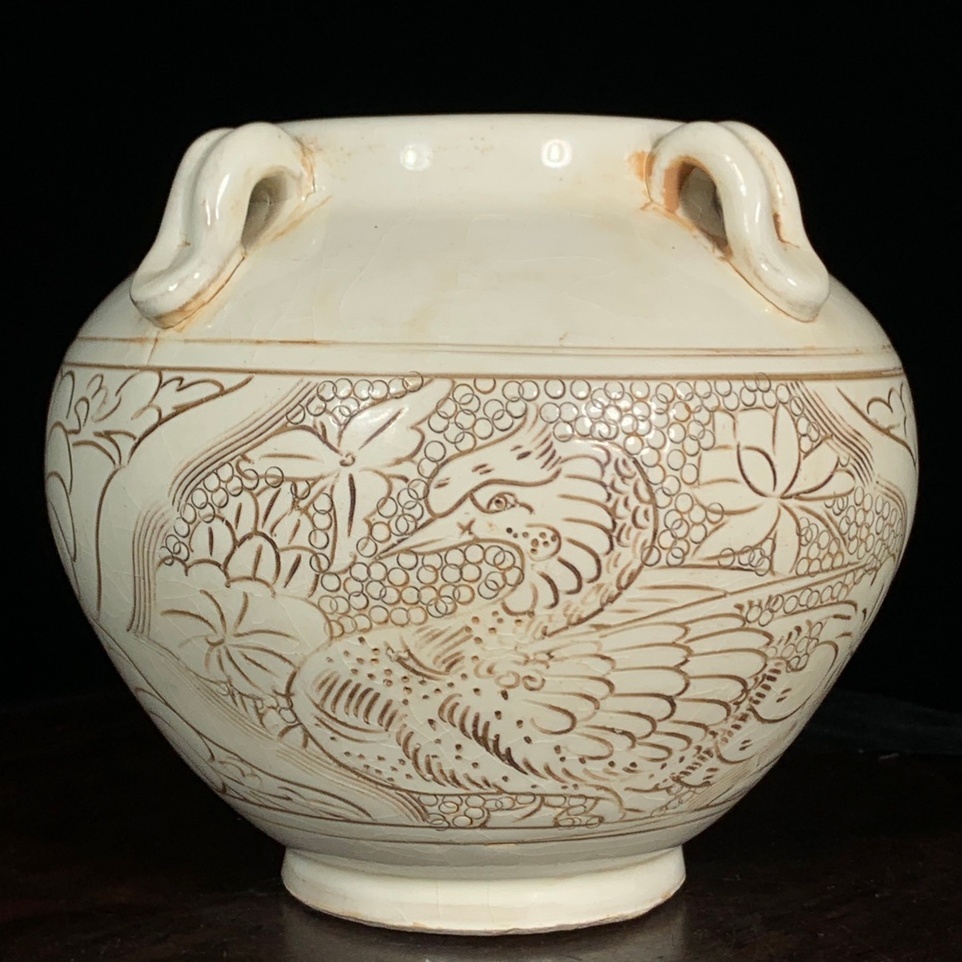 秘藏 宋時代 時代物 磁州窯 真珠地オシドリ紋四系缶 唐物 陶磁器 古賞物 置物 陶芸 中国美術 御用 高さ.14cm 直径15.5 cm 古物保証 120.9.3拍卖