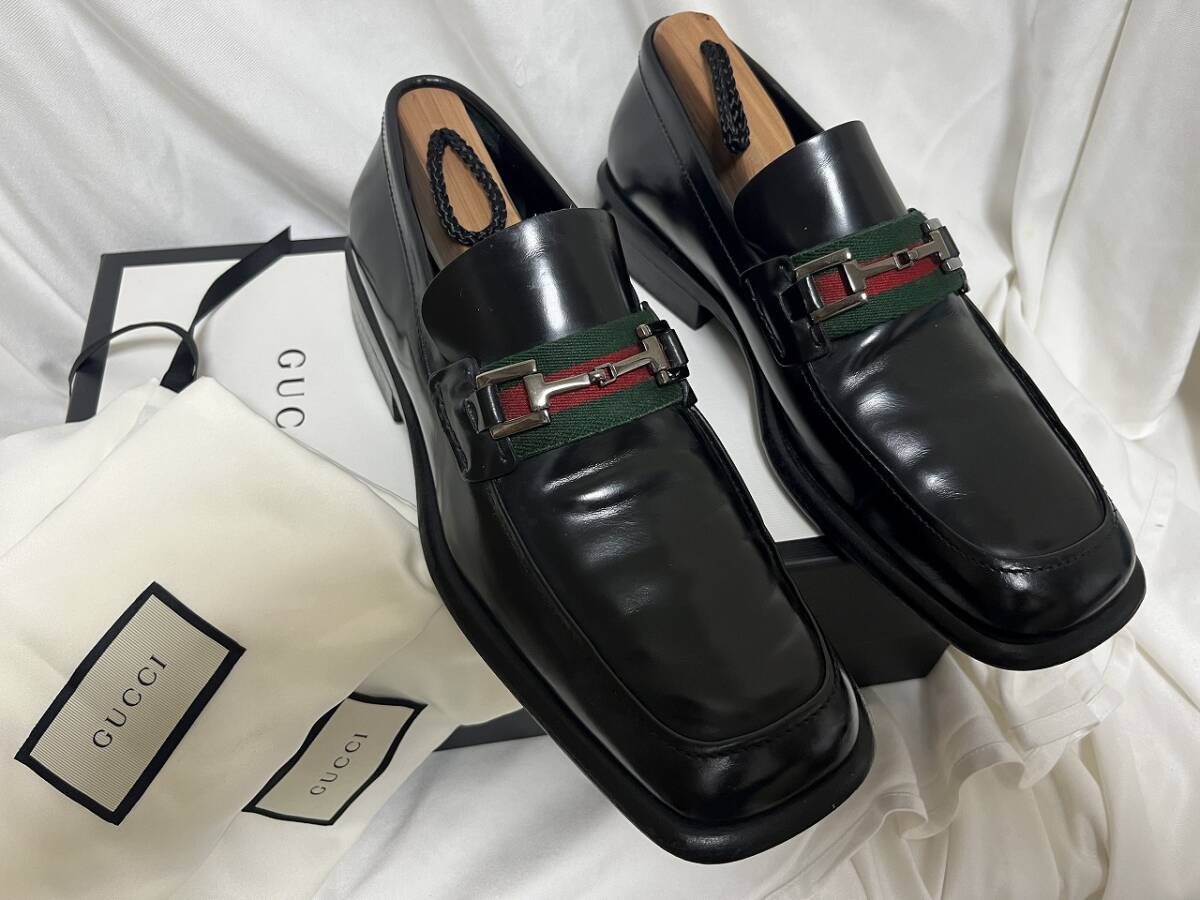 GUCCI グッチ ブラックレザー ホースビット ローファー シェリ―ライン イタリア製 41表示25.5㎝相当 箱、キーパー、靴袋付 中古美品 拍卖