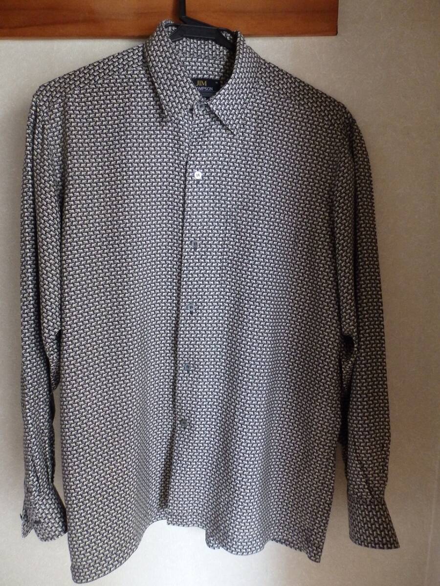 ジム トンプソン ゾウ柄シルク100%長袖シャツ メンズMサイズ JIM THOMPSON 像柄ブラック長袖シャツ 使用感少なくきれい拍卖