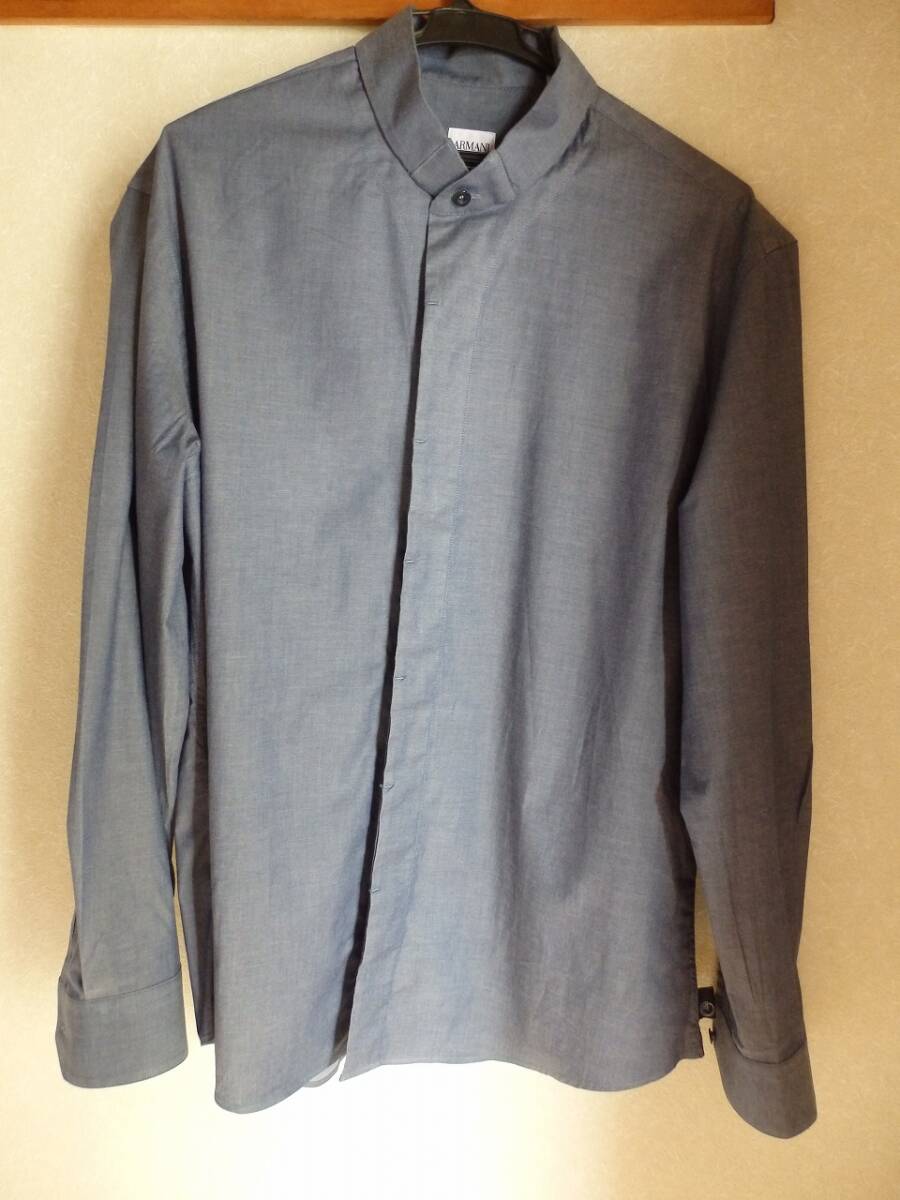 アルマーニ スタンドカラー ネイビー長袖シャツ メンズMサイズ ARMANI ダンがリー立ち襟長袖シャツ 使用感少なくきれい拍卖