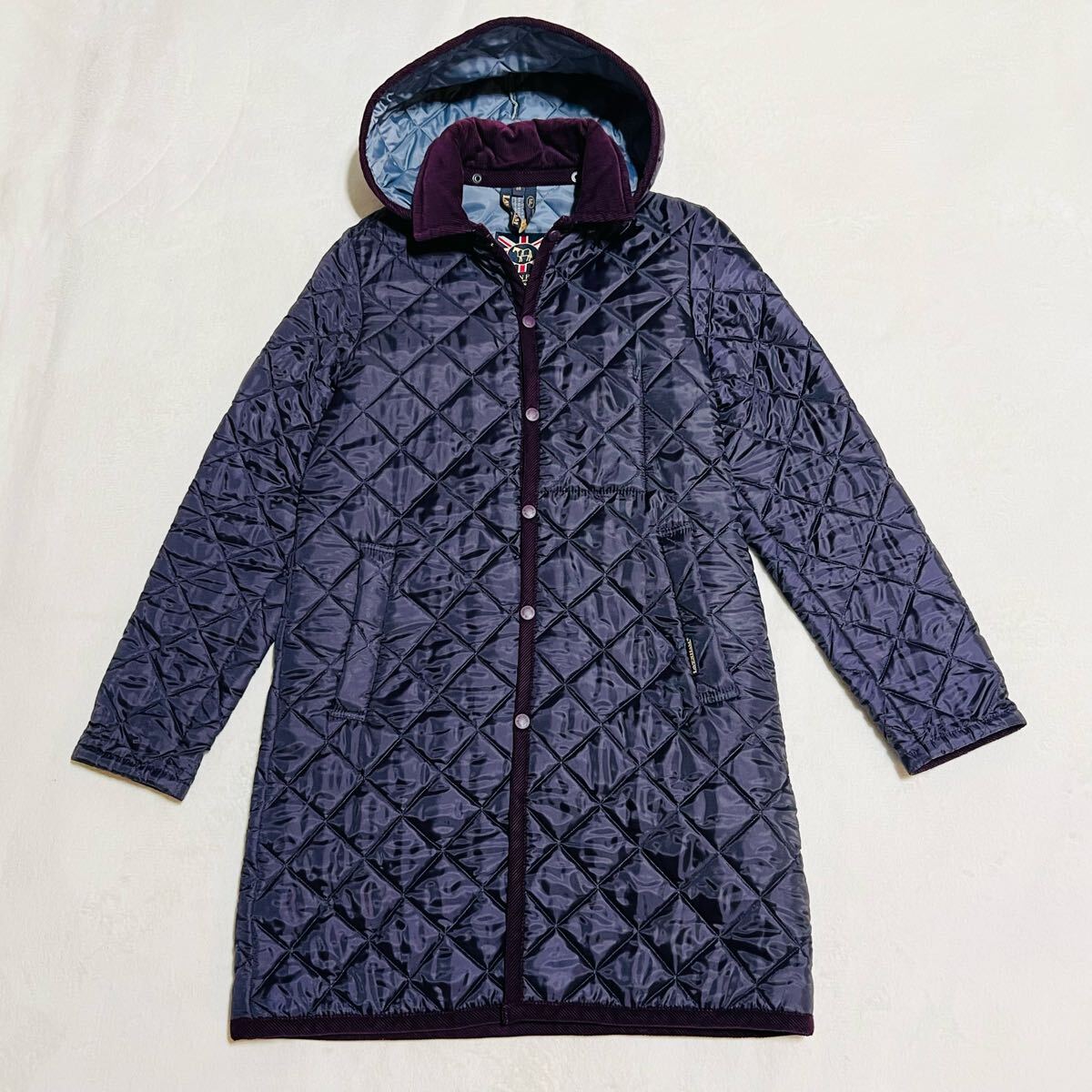 【美品】LAVENHAM ラベンハム キルティングジャケット キルティングコート レディース フード付 パープル 紫 ロング丈 イギリス製拍卖