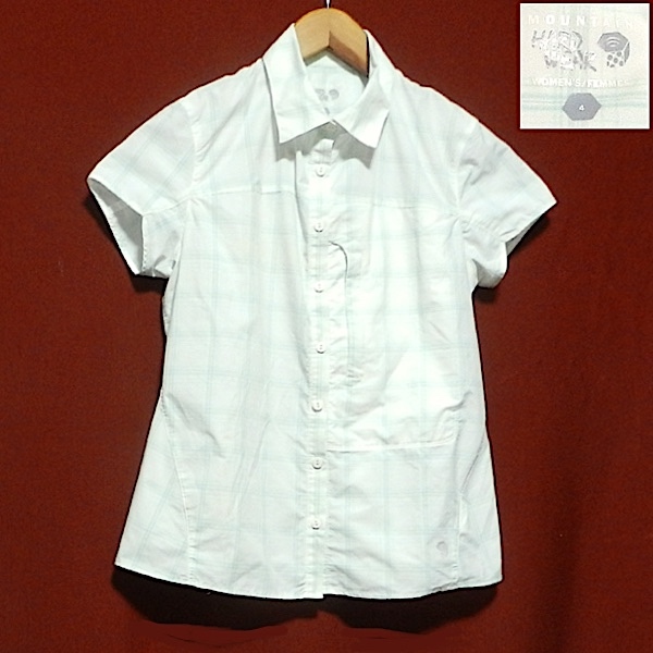 マウンテンハードウェア 半袖シャツ アウトドアシャツ クライミングシャツ スリムフィット 白 緑青 ミントグリーン 小さめ S 〜 M 美品拍卖