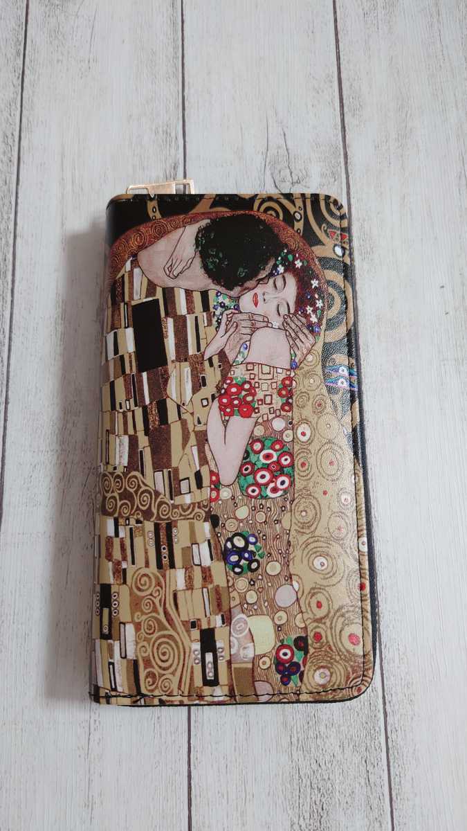 名画 クリムト 接吻 ラウンドファスナー 長財布 財布 男女兼用 絵画 プリント キス拍卖