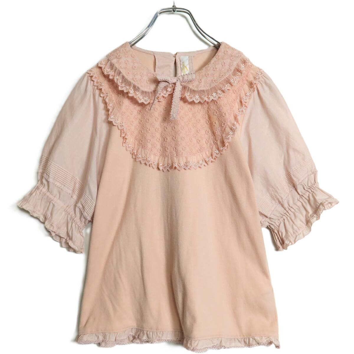 ピンクハウス★刺繍付きチュールレース♪ドッキングカットソー サイズ3(M) ピンク系 綿ローン袖&リボン♪z15461拍卖