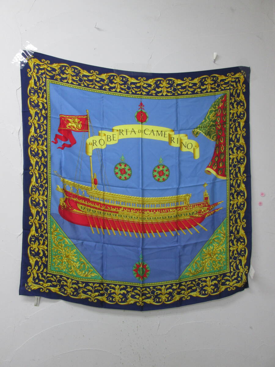 (92)♪Roberta di Camerino ロベルタディカメリーノ スカーフ 約90×90cm 絹100% ブルー系 タグ付き 未使用拍卖
