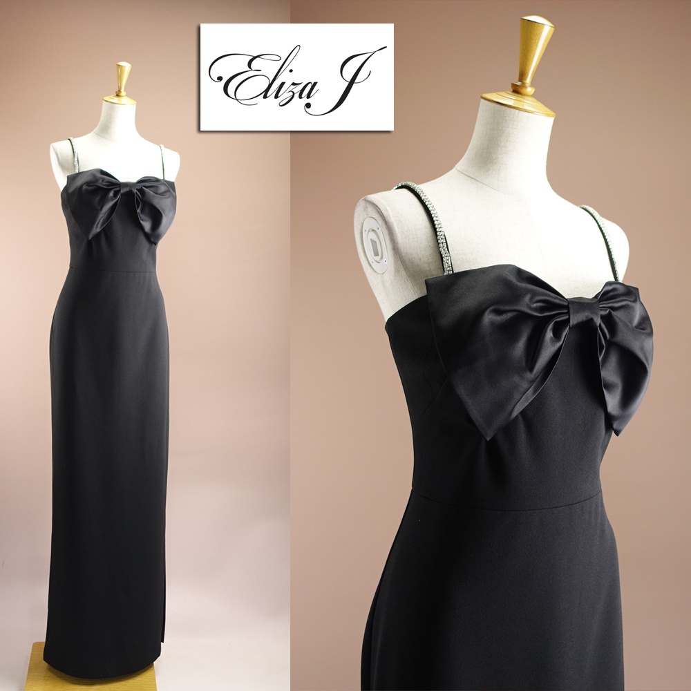 新品イライザジェイ ElizaJ 6/11号 黒 リボン ビジュー ロングドレス パーティ イブニング ドレス 演奏会 結婚式 音楽会 華28R2104拍卖
