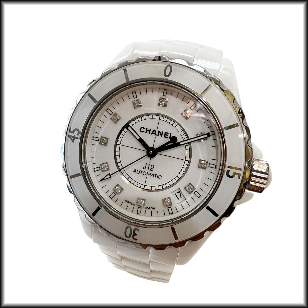 OH済み◆シャネル◆J12 12Pダイヤモンド H1629 白 セラミック 38m 自動巻き ベゼル欠け有り メンズ腕時計 質拍卖