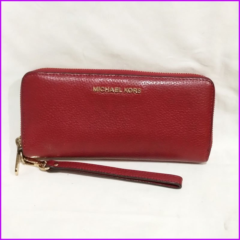 ◆MICHELKORS◆マイケルコース 長財布 ラウンドファスナー ウォレット 赤茶 小銭入れ 中古拍卖