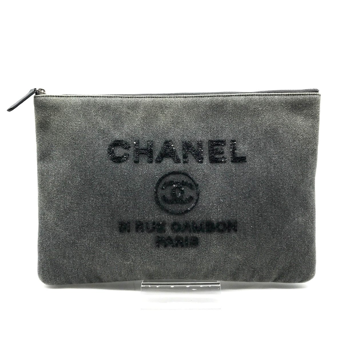 良品 CHANEL シャネル ココマーク ドーヴィル デニム スパンコール クラッチ バッグ グレー k1098拍卖