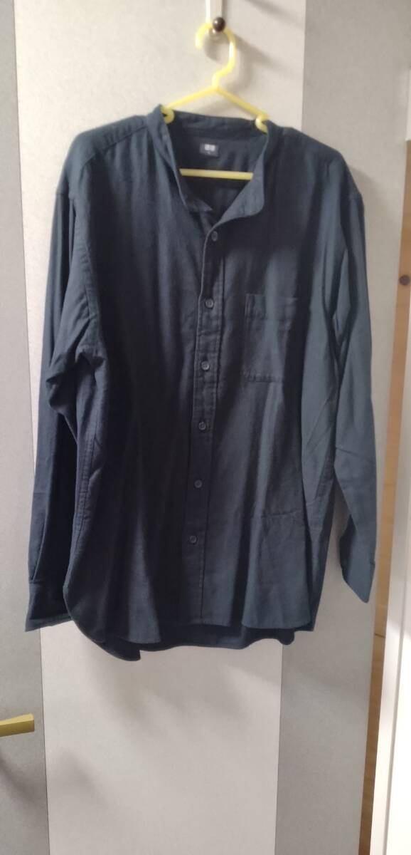 UNIQLO shirt ユニクロ シャツ 長袖 flannel フランネル スタンドカラー バンドカラー ノーカラー 黒 L拍卖