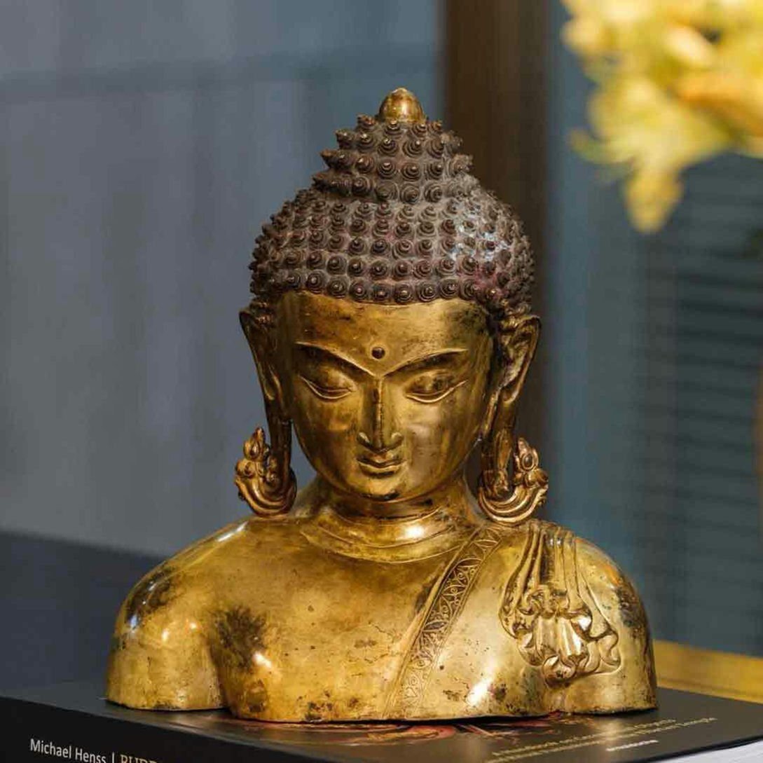 ▼渡鶴羽▼A5127清時代 仏教古美術 チベット密教 銅塗金釈迦牟尼仏首 細工彫刻★仏教古美術★仏像★細密細工★廃寺旧蔵★廃寺買出品拍卖