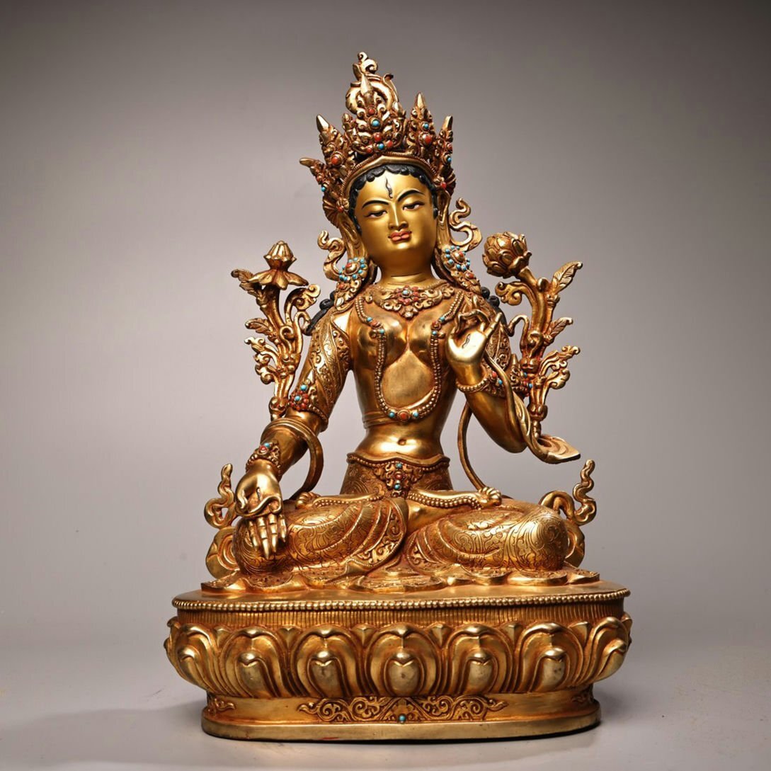 ▼渡鶴羽▼B1332清時代 仏教古美術 チベット密教 銅製高浮彫鏨刻塗金白度母仏★仏像★細密細工★廃寺旧蔵★廃寺買出品拍卖
