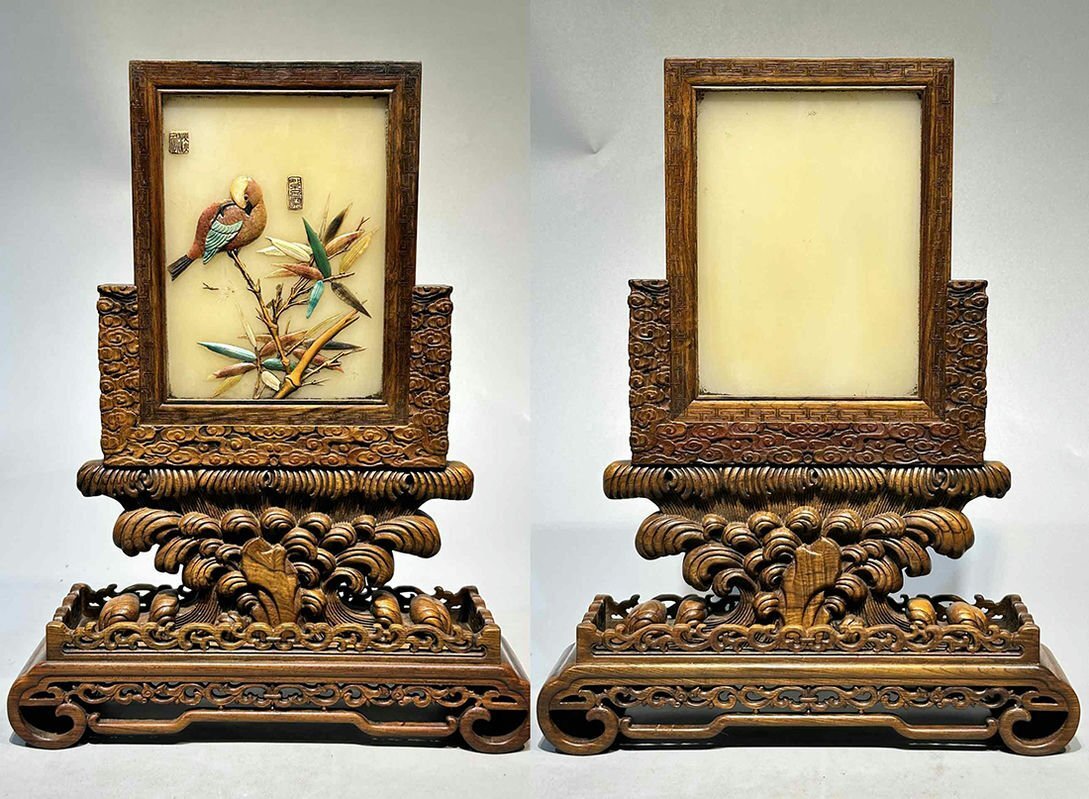 ▼渡鶴羽▼H3199清時代 黄花梨屏風 宝石象嵌 黄花梨木細密細工★古置物★古賞物★古擺件★蒐集家放出★唐物拍卖