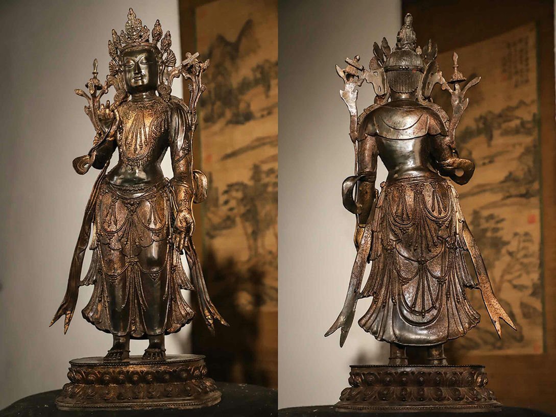 ▼渡鶴羽▼A9793清時代 銅塗金 文殊菩薩立像 細工彫刻★仏教古美術★仏像★細密細工★廃寺旧蔵★廃寺買出品拍卖