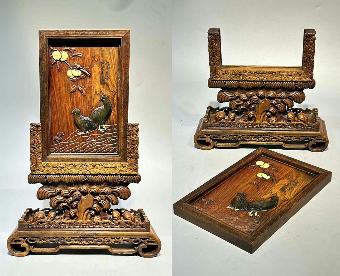 ▼渡鶴羽▼H3205清時代 黄花梨屏風 黄花梨木細密細工★古置物★古賞物★古擺件★蒐集家放出★唐物拍卖