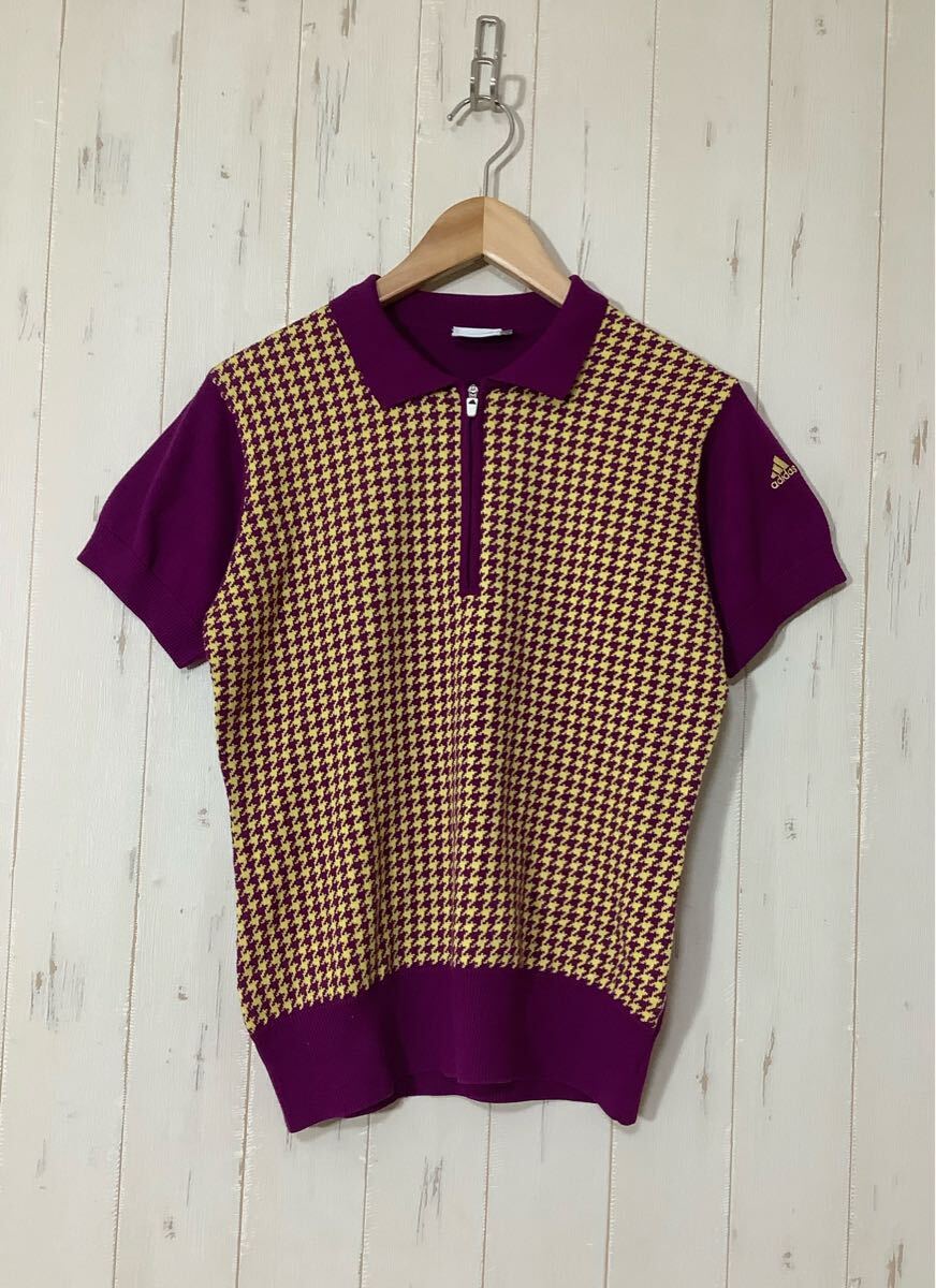 き1723 adidas GOLF アディダスゴルフ 千鳥格子 ハーフジップ 襟付 半袖ニット セーター L/G レディース パープル系 ロゴ刺繍拍卖