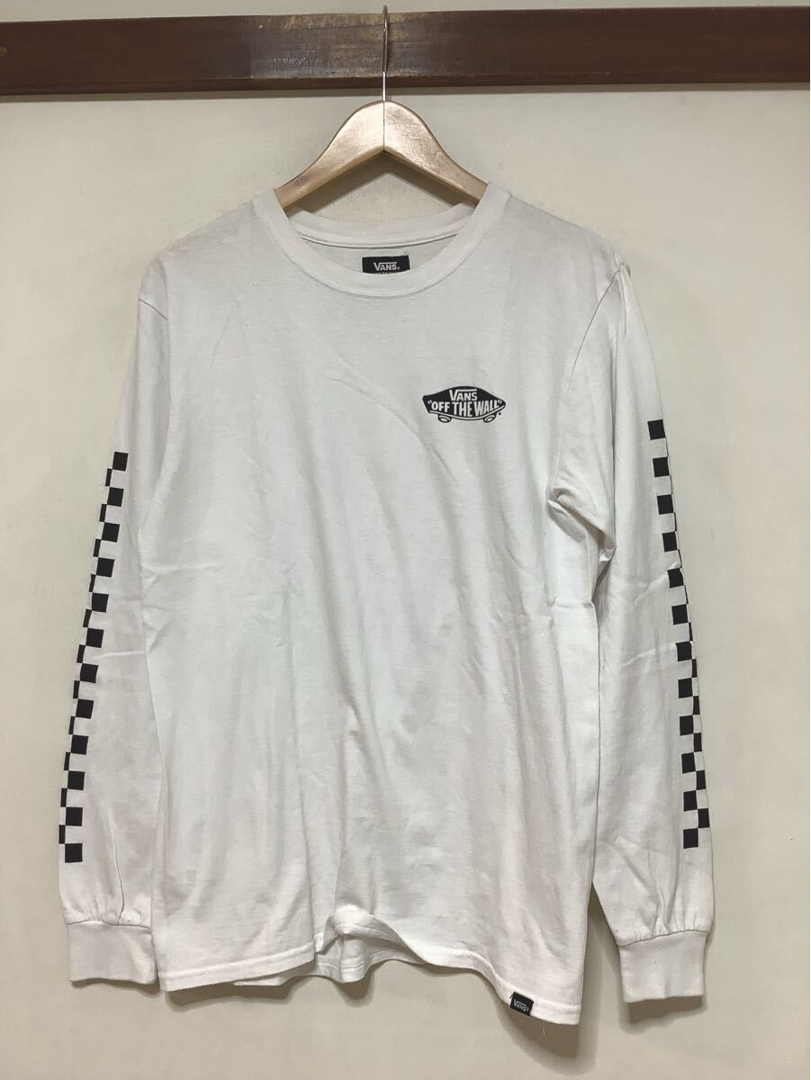 え1754 VANS バンズ ロゴプリント 長袖Tシャツ ロンT S ホワイト 袖チェッカーフラッグ 拍卖