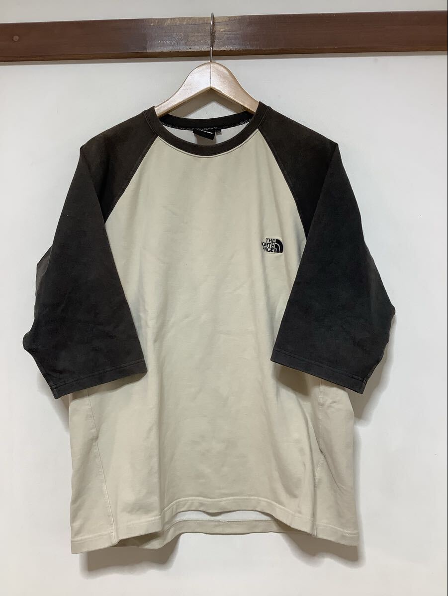 か1720 THE NORTH FACE ノースフェイス 七分袖Tシャツ カットソー XL ベージュ/ブラック ロゴ NT30304 ラグランスリーブ拍卖