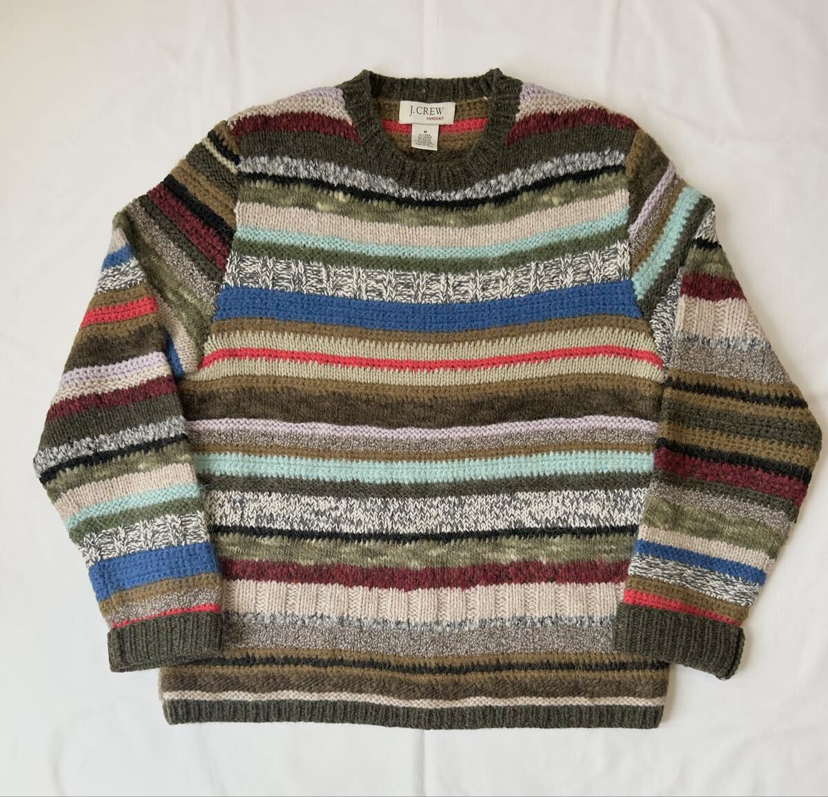90s J.CREW HANDKNIT MultiStrip ウール ニット セーター 長袖 ハンドニット アメリカ ヴィンテージ マルチストライプ パッチ 巨人タグ拍卖