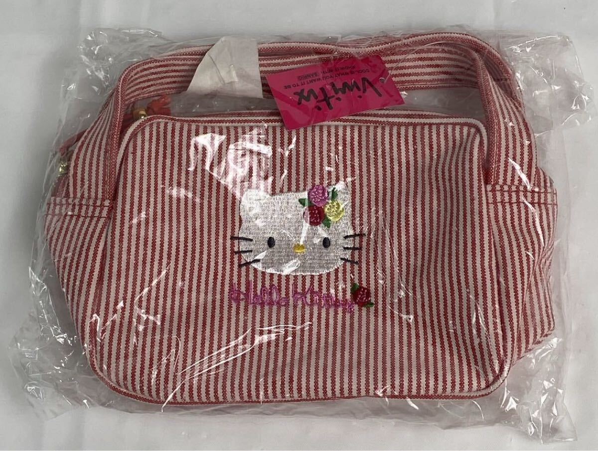 M 中古品/未開封】HELLO KITTY ハローキティ デニム 持ち手付 ポーチ 送料無料 ストライプ バラ 赤×白 ミニバッグ 1998年 拍卖