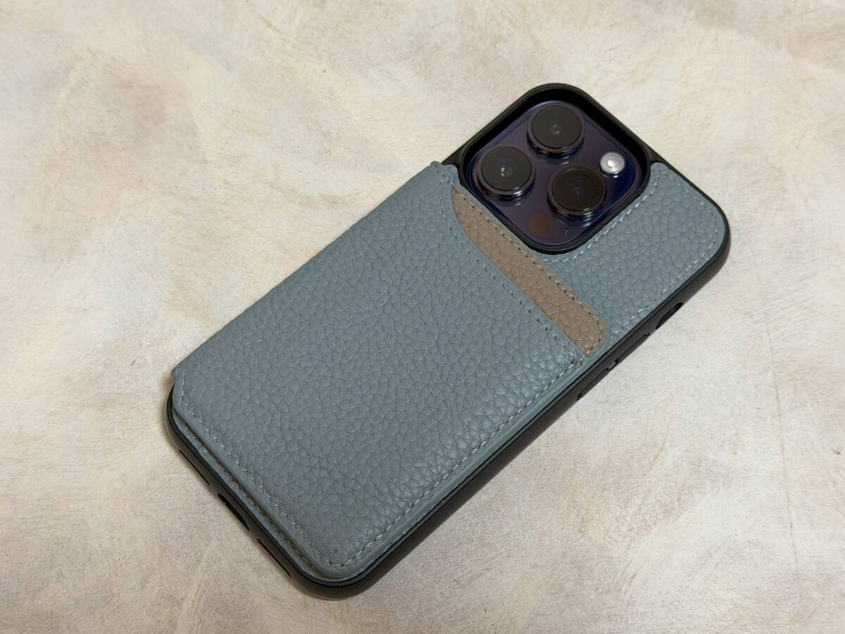 送料無料! 本革使用! iPhone14Pro 中古美品 ブルーxグレー シュリンクレザー 背面カード入れ3枚拍卖