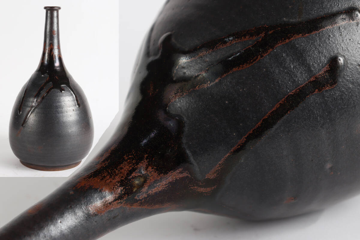 希少 古瀬戸 黒釉 姿の良い鶴首徳利 花瓶 高さ29㎝ 江戸時代 古美術品E850拍卖