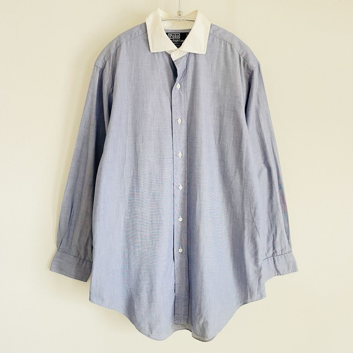 【ポロbyラルフローレン】高級エステート100%コットンクレリックシャツ/ホワイト×ライトブルー/39-82/衝撃プライス!アメカジ古着!NB13拍卖