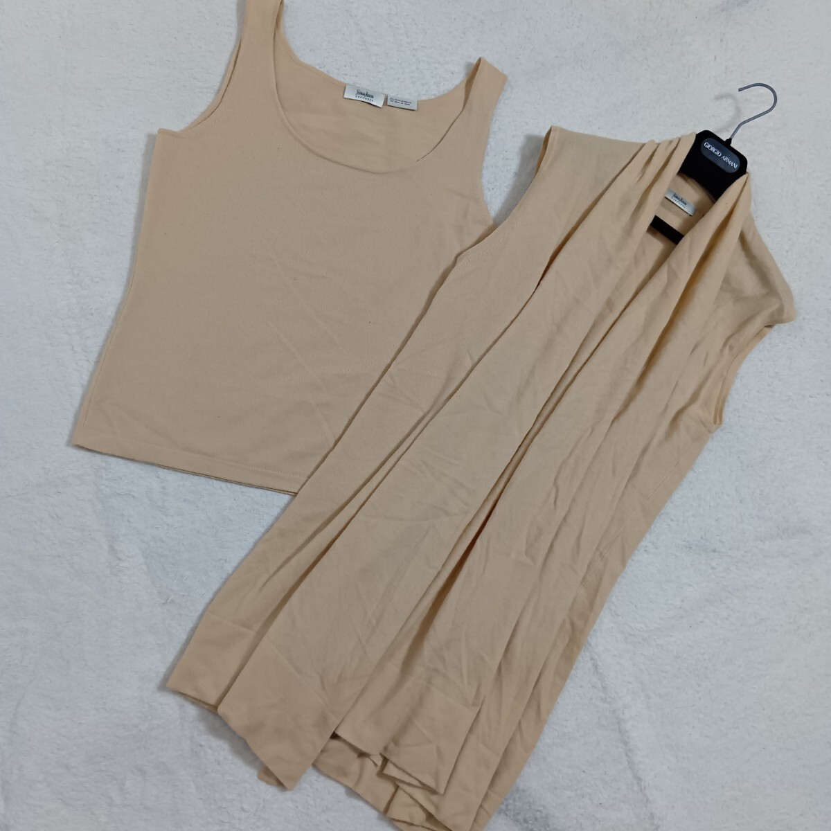 【カシミヤ100%】2点セット Neiman Marcus CASHMERE ニーマンマーカス カシミヤ ノースリーブニット アンサンブル ベージュ L ★1000拍卖