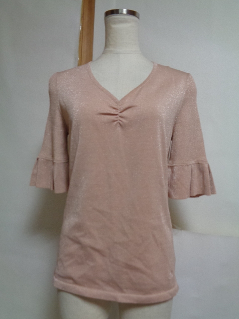 美品★バーバリーロンドン*2*シルクニット*綿*ラメ入りリブ素材*袖広がり*ピンクベージュ*オールシーズン*春夏秋冬*三陽商会拍卖