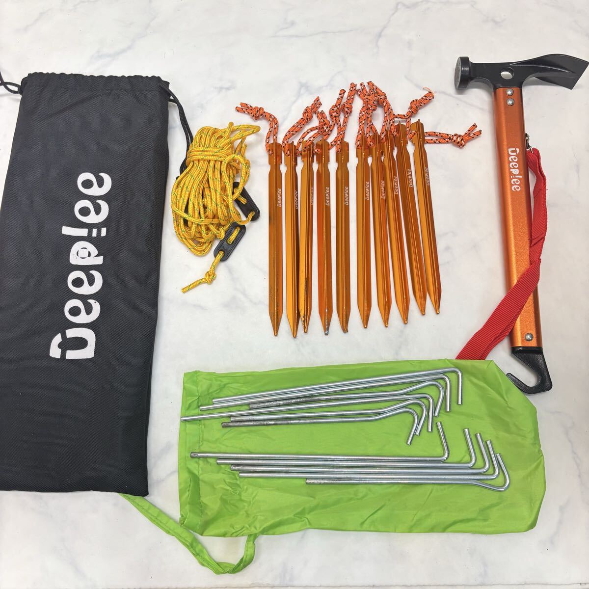 美品 1回のみ使用 POLER OUTDOOR STUFF テント用 ペグハンマー ロープ アルミペグ オレンジ ステンレス ペグおまけ付き拍卖