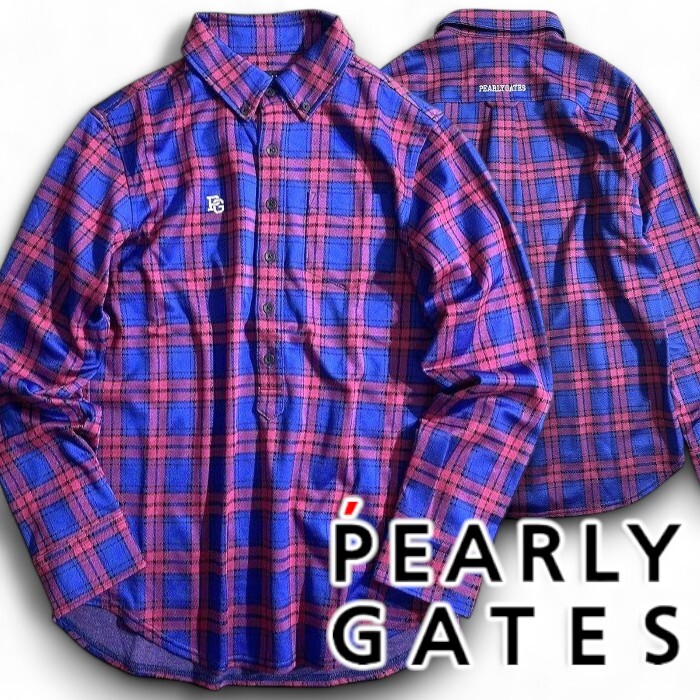 PEARLY GATES パーリーゲイツ 定価2.9万 日本製 Wジャガード チェック柄 BD 長袖 ポロシャツ ゴルフウェア 3261101 121 4 ▲045▼50924w05拍卖