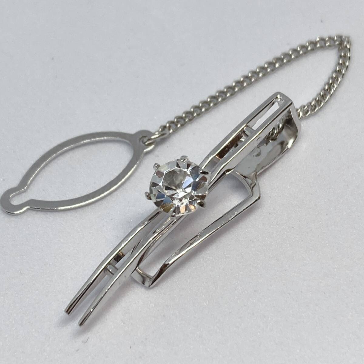 ネクタイピン タイバー ダイヤモンド風 FRP刻印 シルバートーン 美品☆vintage jewelry accessories F0010拍卖