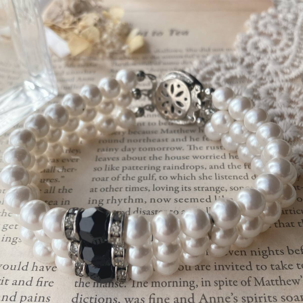 ヴィンテージブレスレット パール 3連 トリプル ラインストーン ブラック ゴージャス☆vintage jewelry accessories F0121拍卖