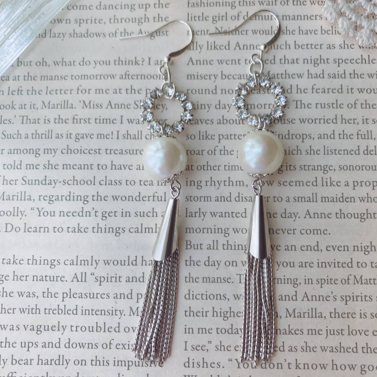 ピアス ラインストーン 大玉パール 一粒 タッセル シルバートーン ゆらゆら 美品☆vintage jewelry accessories F0141拍卖