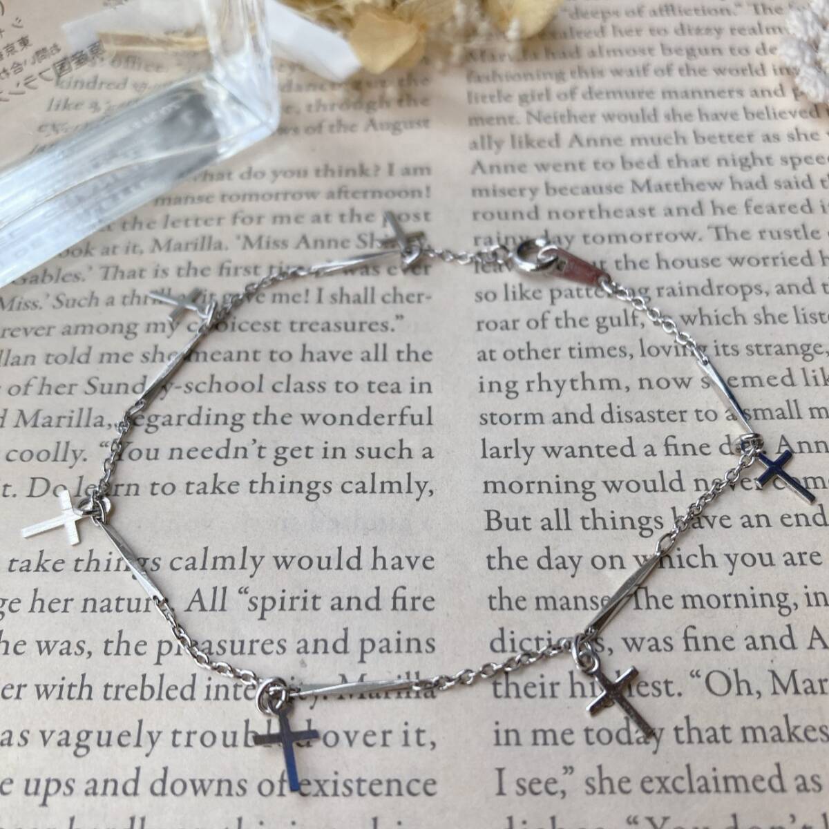 ブレスレット シルバートーン 細目チェーン クロス メンズ レディース 美品☆vintage jewelry accessories F0157拍卖