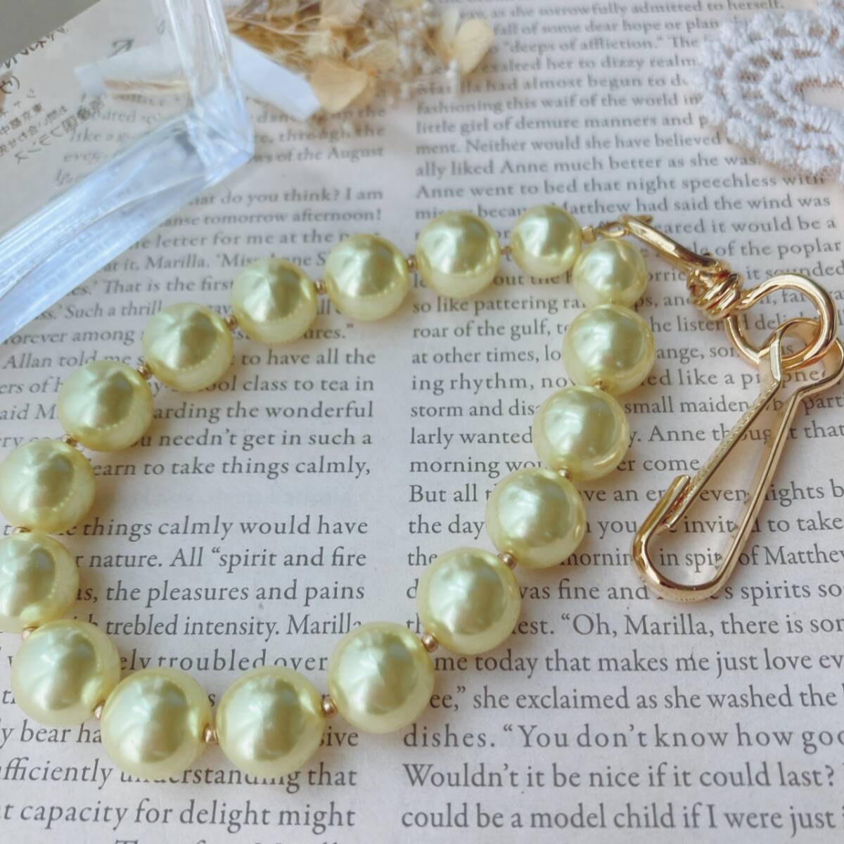 ストラップ パール イエロー キーホルダー 美品☆vintage jewelry accessories F0166拍卖