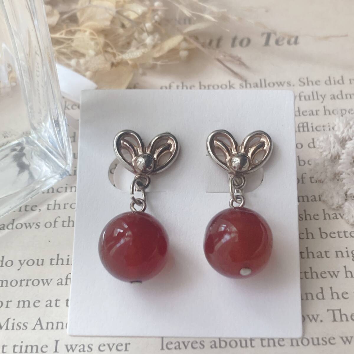 ヴィンテージイヤリング メノウ レッド系 ゆらゆら 天然石 アンティーク☆vintage jewelry accessories F0238拍卖