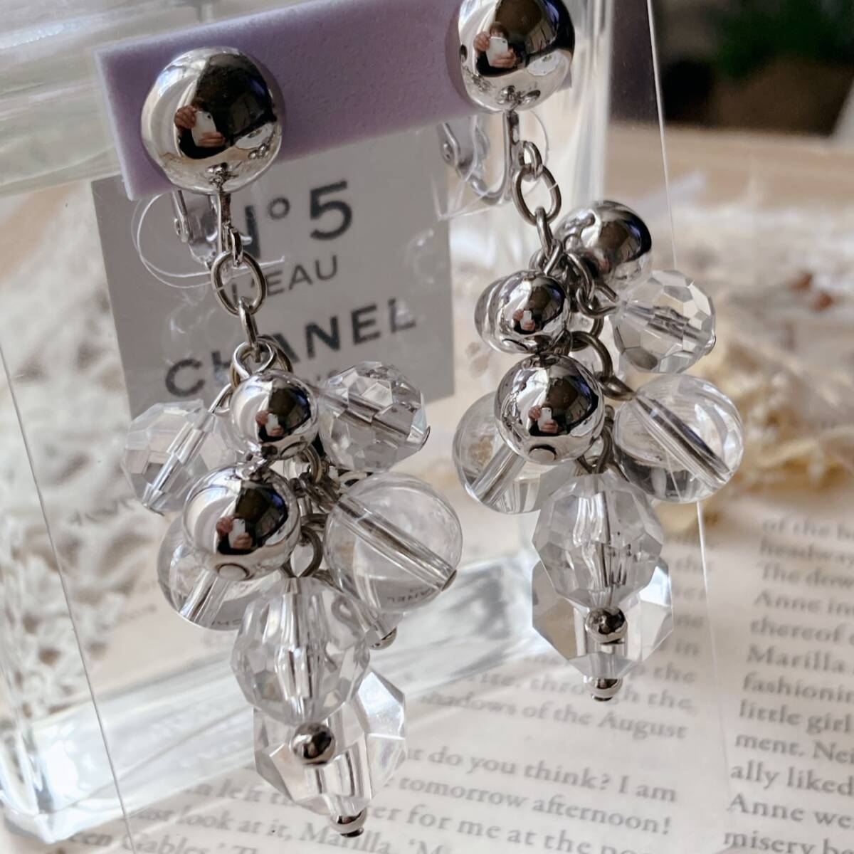 イヤリング ロング クリスタル ビーズ シルバートーン ゆらゆら ジャラジャラ 美品☆vintage jewelry accessories F0239拍卖