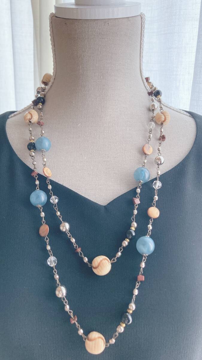 ネックレス 超ロング ウッド ブラウン ブルー シルバー メタル ブラック ヴィンテージ☆Vintage jewelry accessoriesk0886拍卖