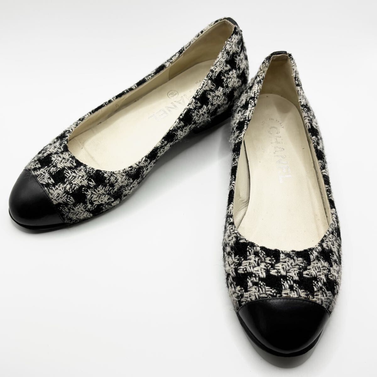 【極美品/希少モデル】CHANEL シャネル バレエシューズ バレリーナ パンプス ココマーク ハウンドトゥース柄 千鳥格子柄 ツイード レザー拍卖