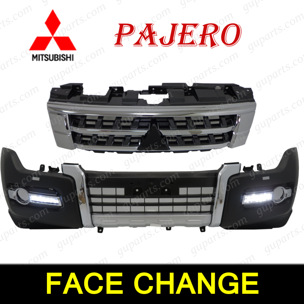 三菱 パジェロ 前期 中期 → 後期 フロント バンパー キット V83W V87W V88W V93W V97W V98W メッキ グリル デイ ライト エアロ パーツ拍卖