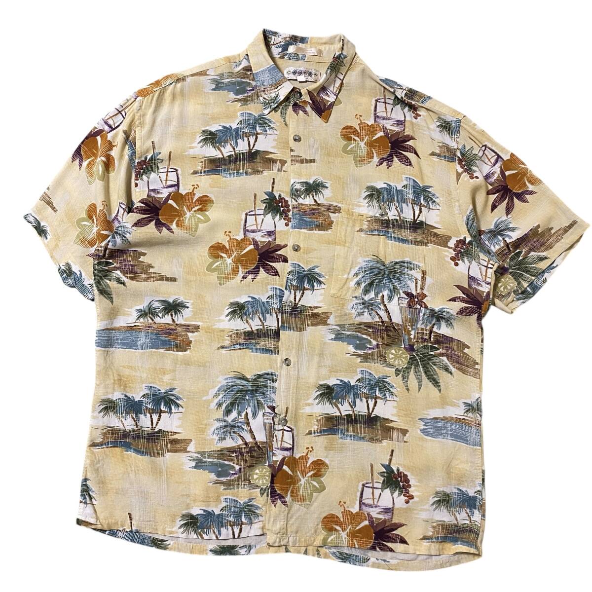 アメリカ古着 CAMPIA カンピア アロハシャツ カクテル パームツリー ハワイアン Lサイズ レーヨン 【AL353】拍卖
