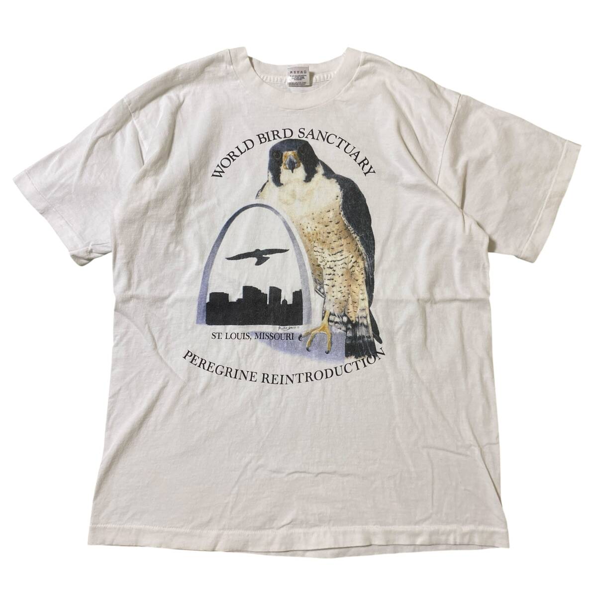 USA製 古着 90s ハヤブサ アニマル プリント 半袖 Tシャツ ヴィンテージ Lサイズ ホワイト 【SE157】拍卖